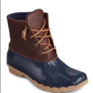 Sperry navy and brown leather duck boots